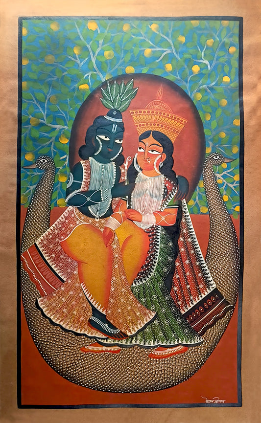 Radha and Krishna under the shelter of peacocks